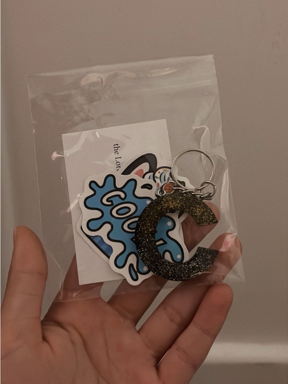 Glitter Resin 'C' Keychain with Blue Splash Acrylic Charm